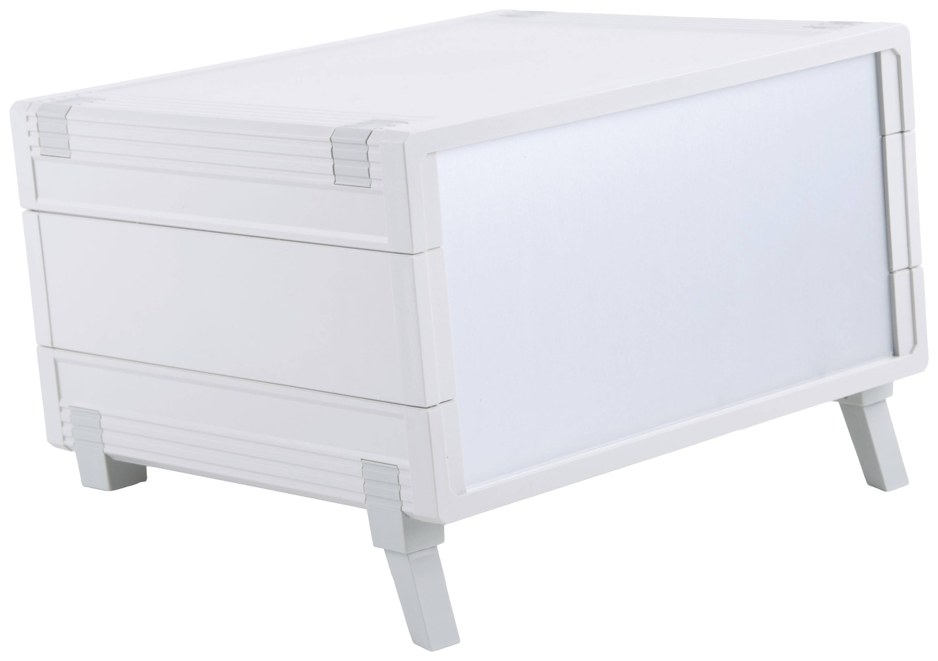 Boîtier en plastique blanc, empilable, avec pieds amovibles. Adapté pour le logement de composants électroniques.