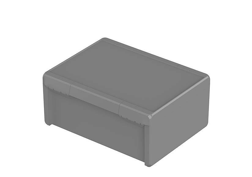 Boîte rectangulaire grise avec des bords arrondis et un couvercle rabattable.