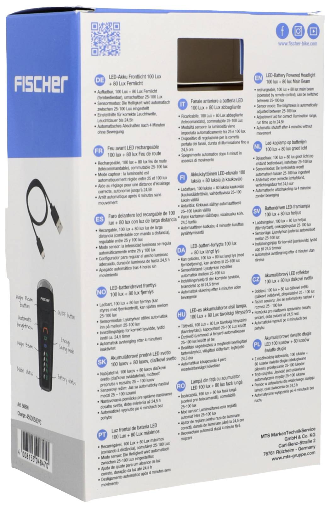 FISCHER FAHRRAD Phare de vélo LED à pile(s) noir