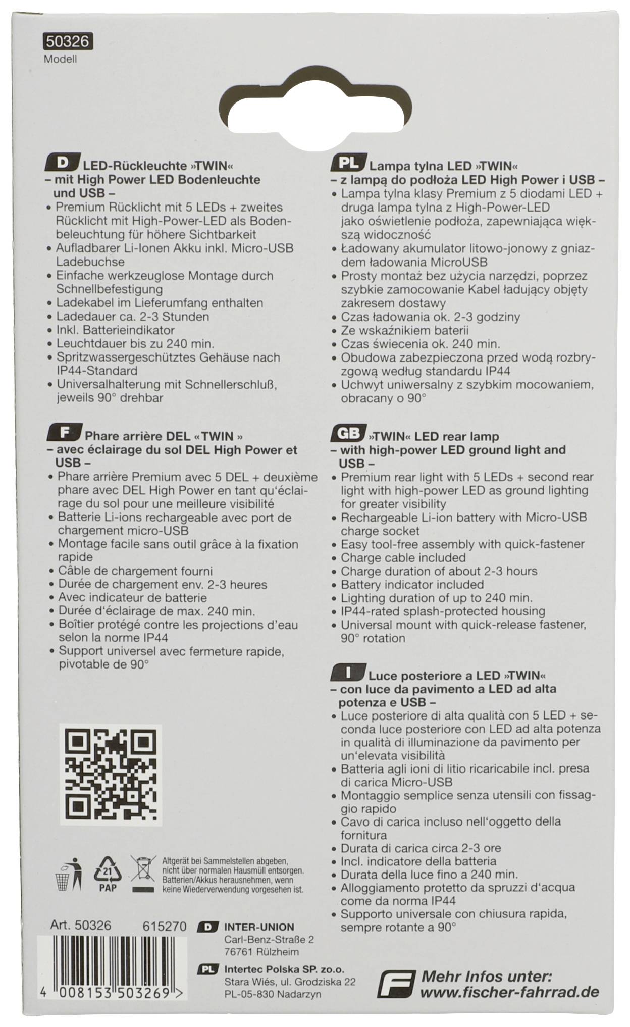 FISCHER FAHRRAD Feu arrière de vélo TWIN LED noir