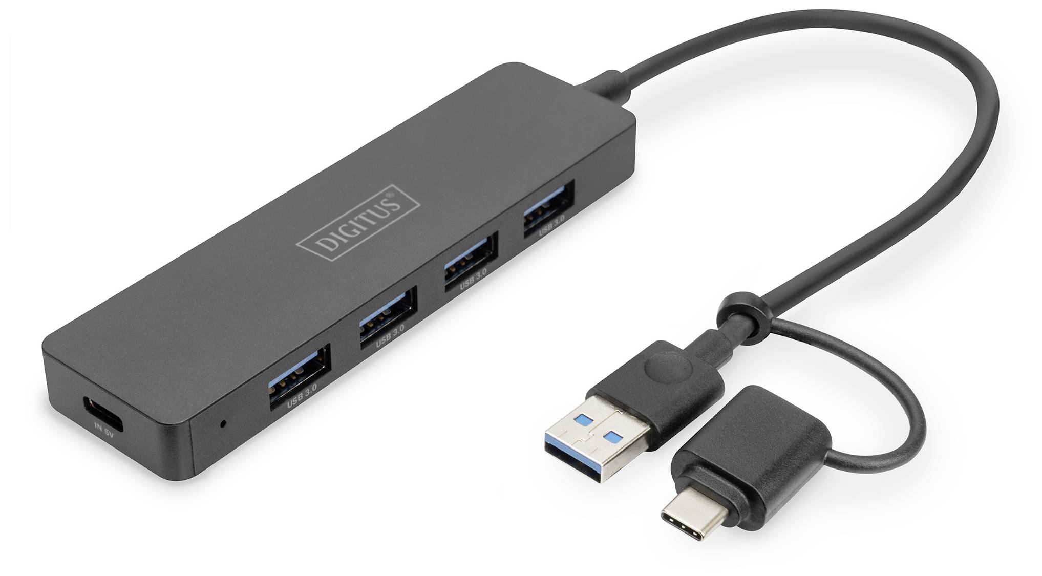 Un hub USB noir avec quatre ports USB et un câble intégré avec des connecteurs USB-A et USB-C.