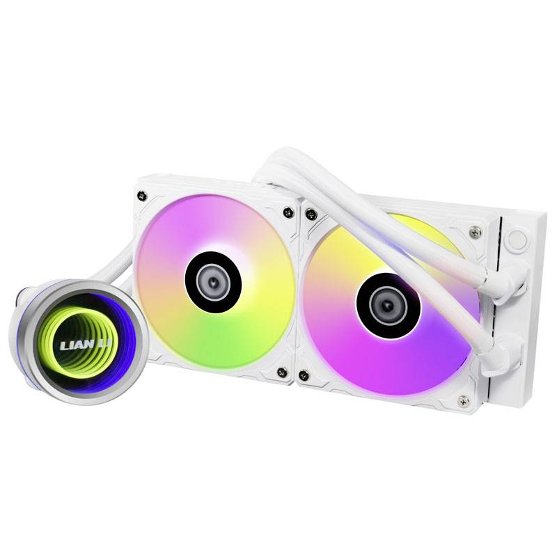 Deux ventilateurs d'ordinateur avec éclairage LED arc-en-ciel et un écran rond affichant le nom de la marque, dans un boîtier blanc.