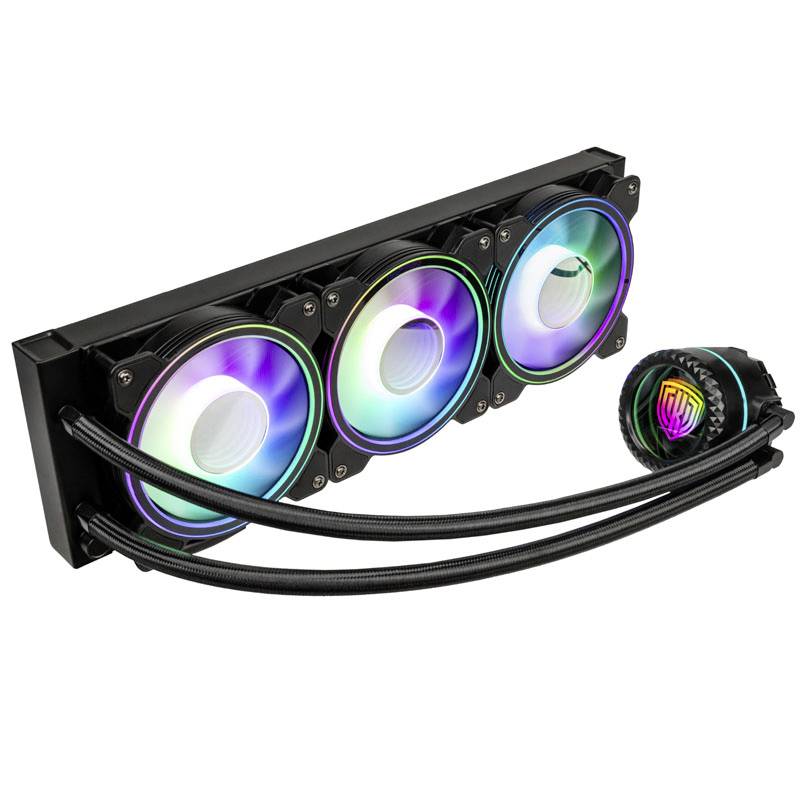 Dissipateur thermique à triple ventilateur RGB avec tubes, couleurs lumineuses et bloc de processeur éclairé. Adapté aux PC de gaming.