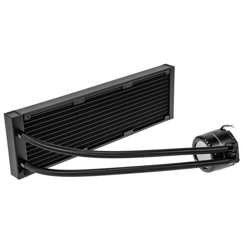 Refroidisseur à liquide avec radiateur noir et pompe, deux tuyaux connectés, destiné au refroidissement des composants informatiques.
