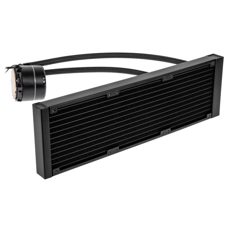 Radiateur de refroidissement à eau noir pour ordinateur, avec radiateur rectangulaire et tête de pompe connectée. Conçu spécifiquement pour le refroidissement des composants informatiques.