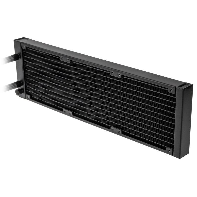 Radiateur noir pour ordinateur avec fentes de ventilation et deux connexions sur le côté, destiné au refroidissement des systèmes informatiques.