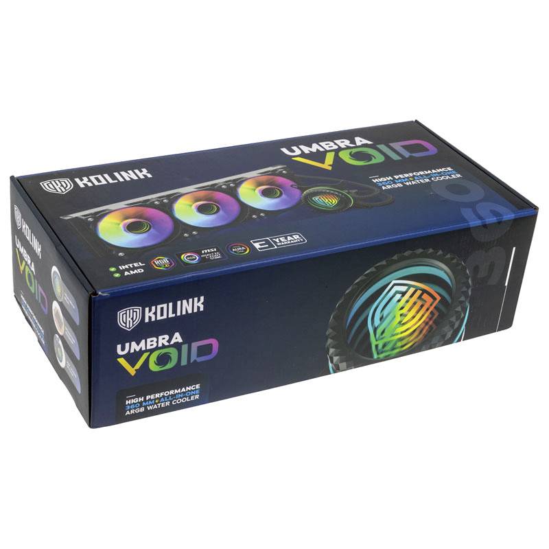 Un emballage noir présente un refroidisseur ARGB à eau Kolink Umbra Void. Trois ventilateurs sont représentés dans des couleurs arc-en-ciel.
