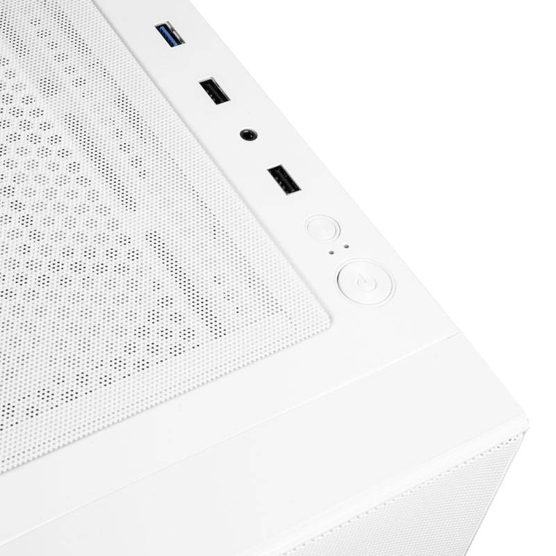 Dessus blanc d'un boîtier d'ordinateur avec grille de ventilation, ports USB et bouton d'alimentation.