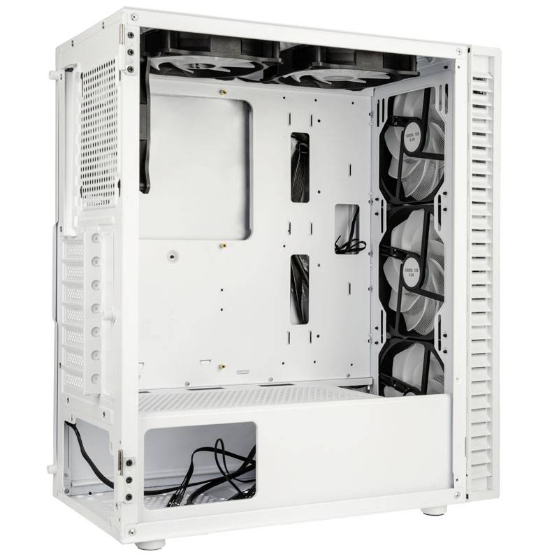 Boîtier d'ordinateur blanc à intérieur ouvert, équipé de plusieurs ventilateurs à l'avant et à l'arrière pour un refroidissement amélioré.