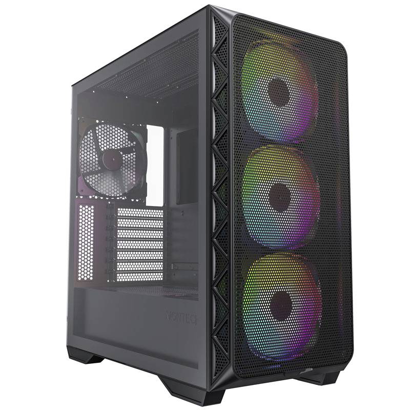 Boîtier d'ordinateur noir avec une fenêtre latérale en verre. Trois ventilateurs RGB lumineux à l'avant et un ventilateur standard à l'arrière sont visibles.
