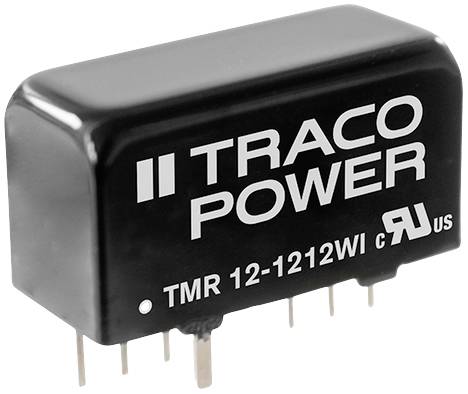 Module convertisseur de tension 'TRACO POWER', modèle TMR 12-1212WI, noir, avec connecteurs métalliques pour applications électroniques.