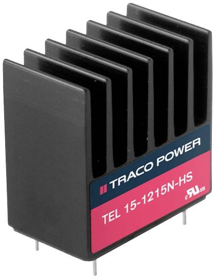 Composant électronique avec un dissipateur thermique noir, portant l'inscription 'TRACO POWER TEL 15-1215N-HS', sur une surface blanche.