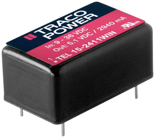 Un composant électronique noir portant l'inscription 'TRACO POWER', plage d'entrée 9-36 VDC, sortie 5 VDC, 2940 mA.