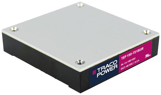 Un module d'alimentation rectangulaire Traco Power, modèle TEP 150-7218UIR, présente des tensions d'entrée et de sortie de 16-160VDC et 48VDC/3,2A.