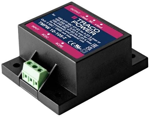 Un appareil électronique rectangulaire avec une étiquette rouge indiquant les spécifications techniques et les connexions pour les courants d'entrée et de sortie.
