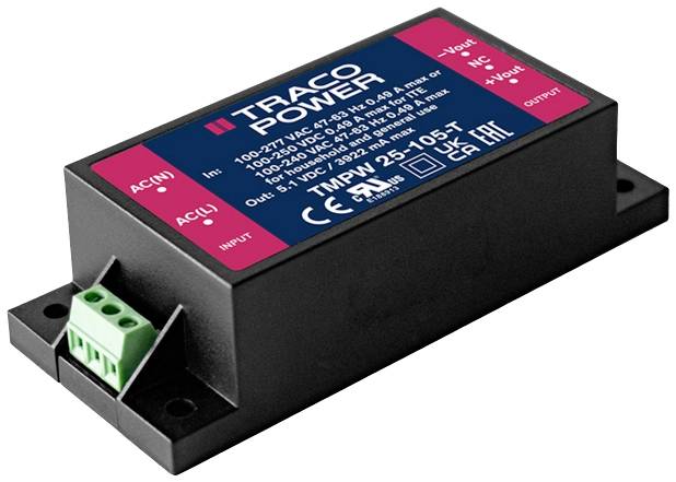 'TRACO POWER' Convertisseur de tension, boîtier noir rectangulaire, avec une connexion verte à l'avant, étiquette rouge avec spécifications en haut.