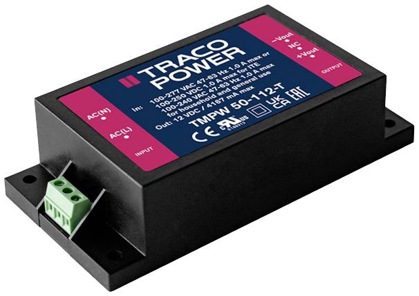 Unité d'alimentation électrique de Traco Power, boîtier rectangulaire, entrée 100-277V AC, sortie 12V, numéro de modèle TPI 24-105.