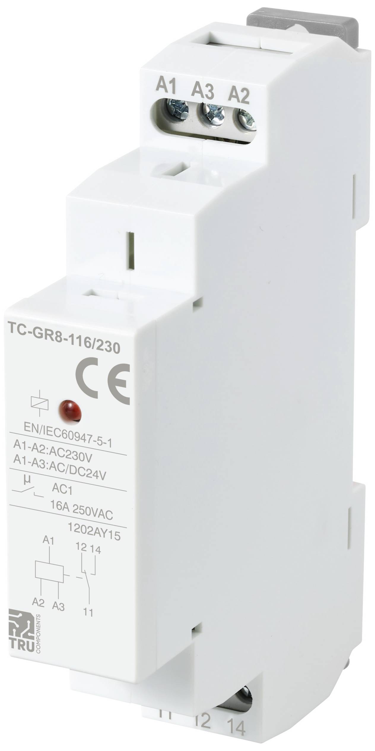 Image d'un relais électromécanique portant le marquage CE. Doté de plusieurs bornes de connexion et de détails techniques sur sa face avant.