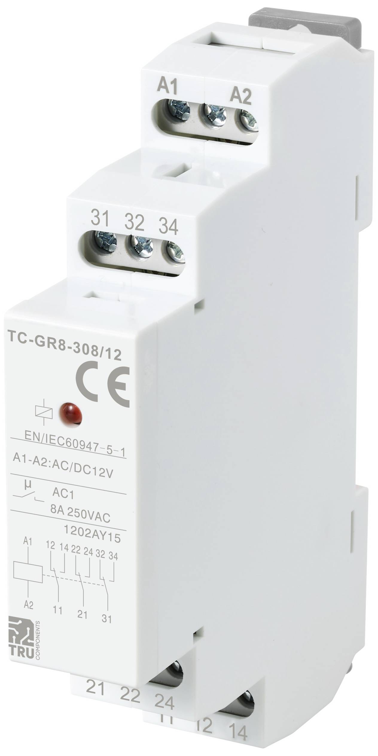 Un relais temporisé TC-GR8-30B/12 avec marquage CE. Les inscriptions comprennent EN/IEC60947-5-1, A1-A2 : AC/DC12V, et les bornes A1, A2, 31, 32, 34.