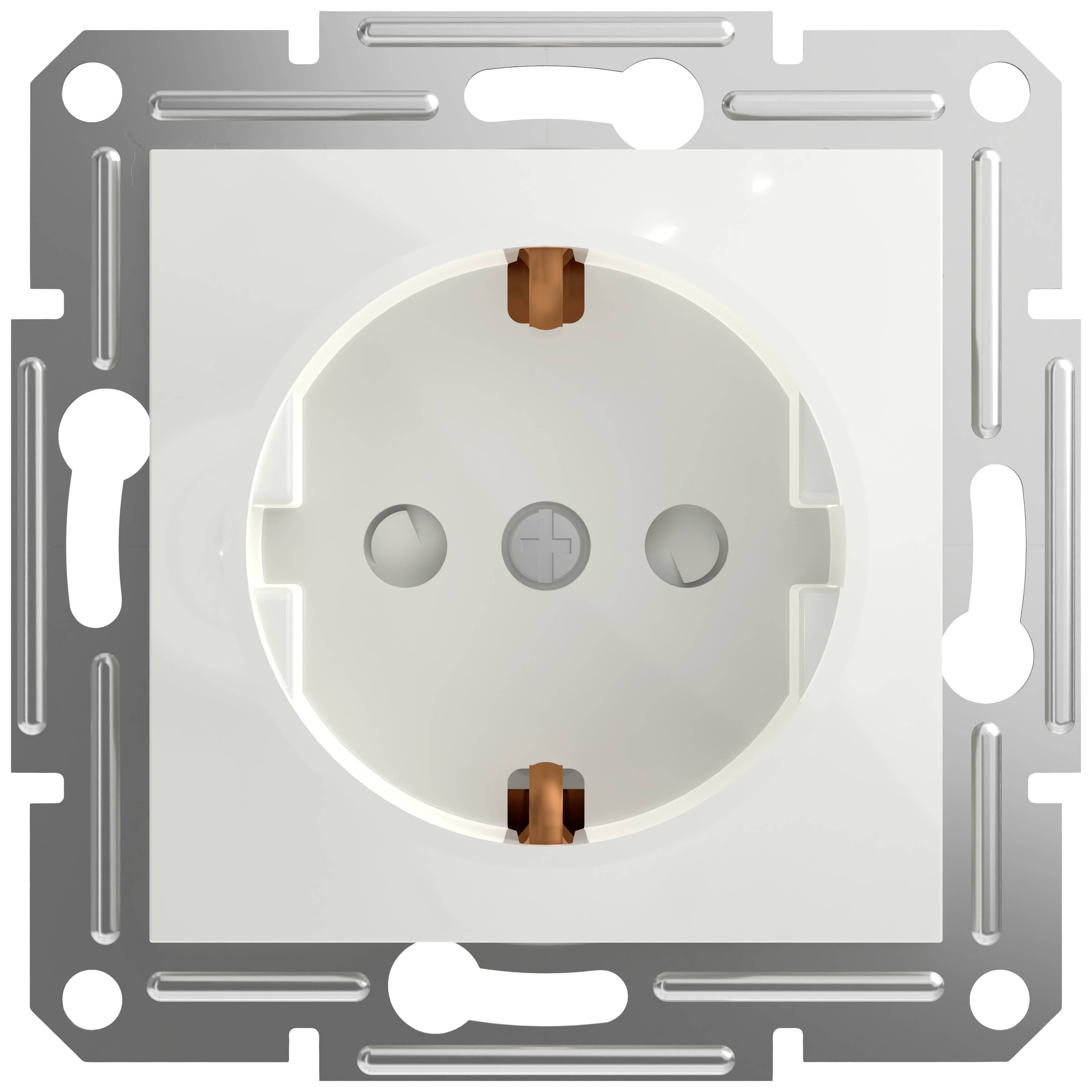 Une prise électrique blanche, encastrée dans une plaque métallique rectangulaire, présente une vue de face avec deux trous ronds et une broche de terre.