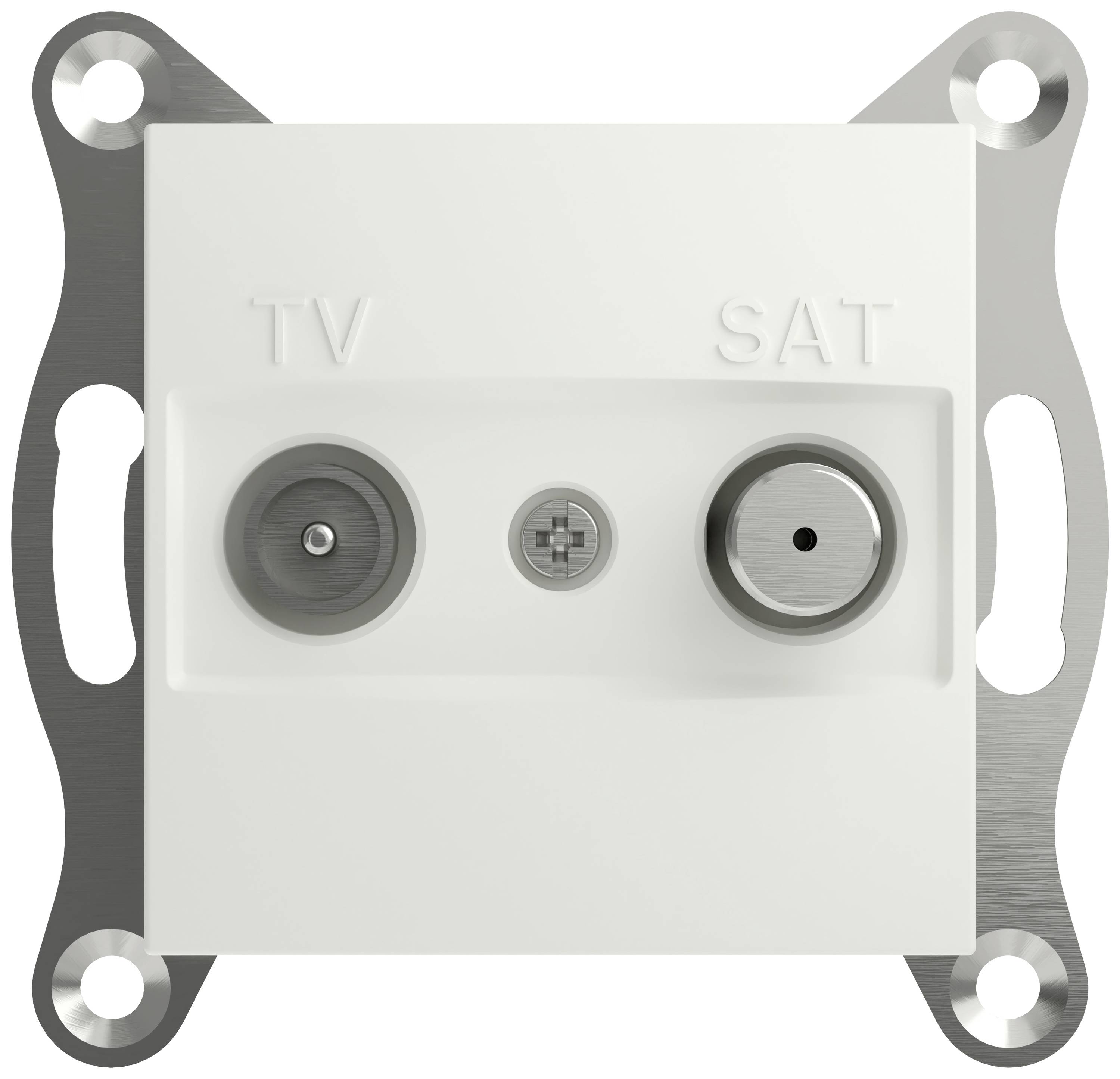 Plaque de prise électrique blanche à deux ports, étiquetée 'TV' et 'SAT', montée sur un support métallique.