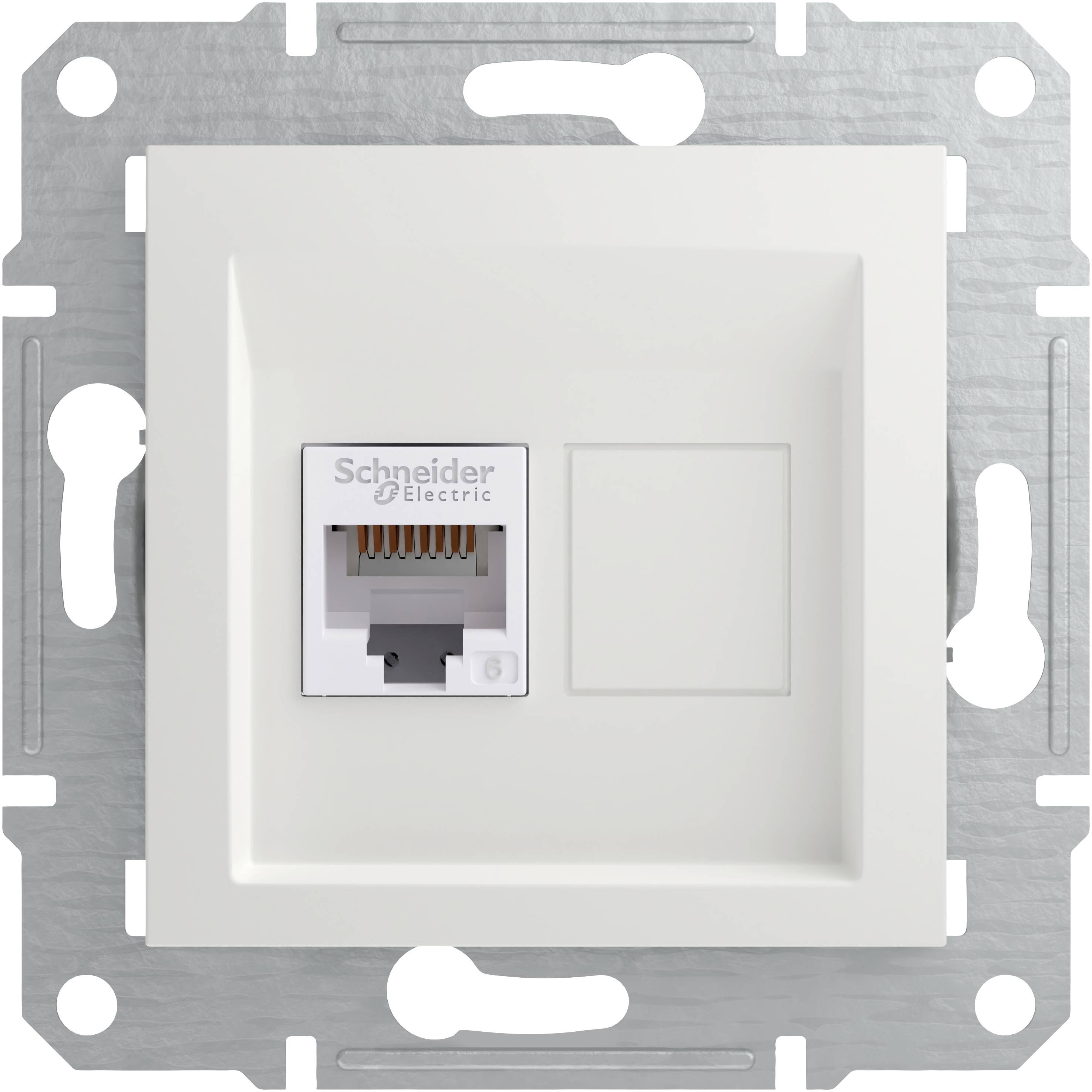 Une prise réseau Ethernet blanche de Schneider Electric, montée sur un support métallique, avec un port RJ45 sur la gauche.