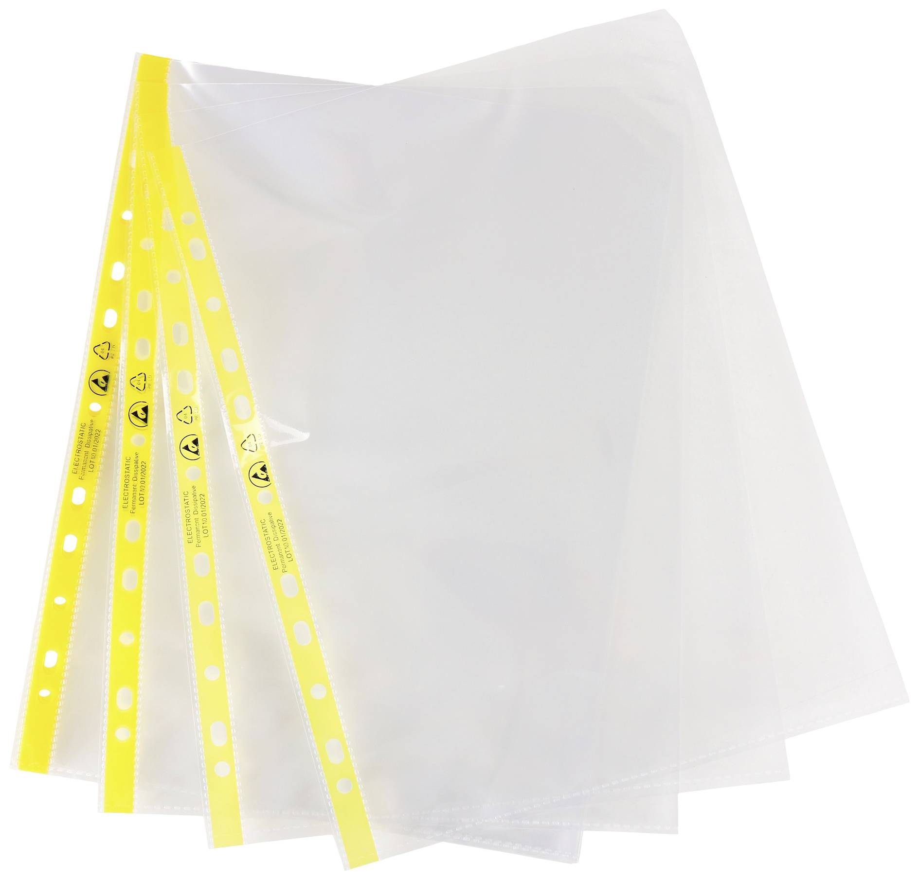 Feuilles plastiques transparentes avec bordure jaune et perforations, adaptées pour classement dans des classeurs.