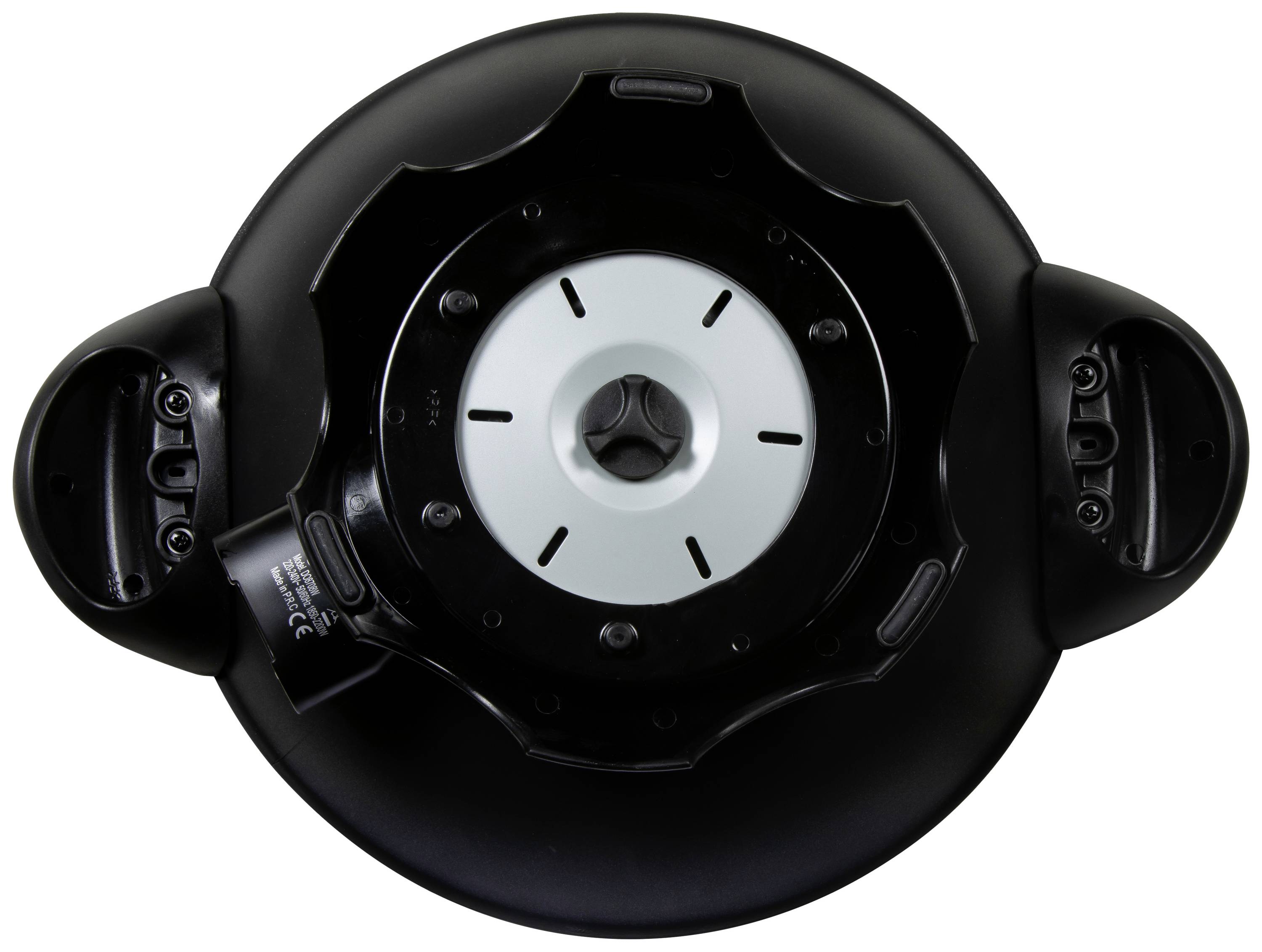 Batteur de cuisine vu de dessus, boîtier noir, élément rotatif central avec des connexions des deux côtés.