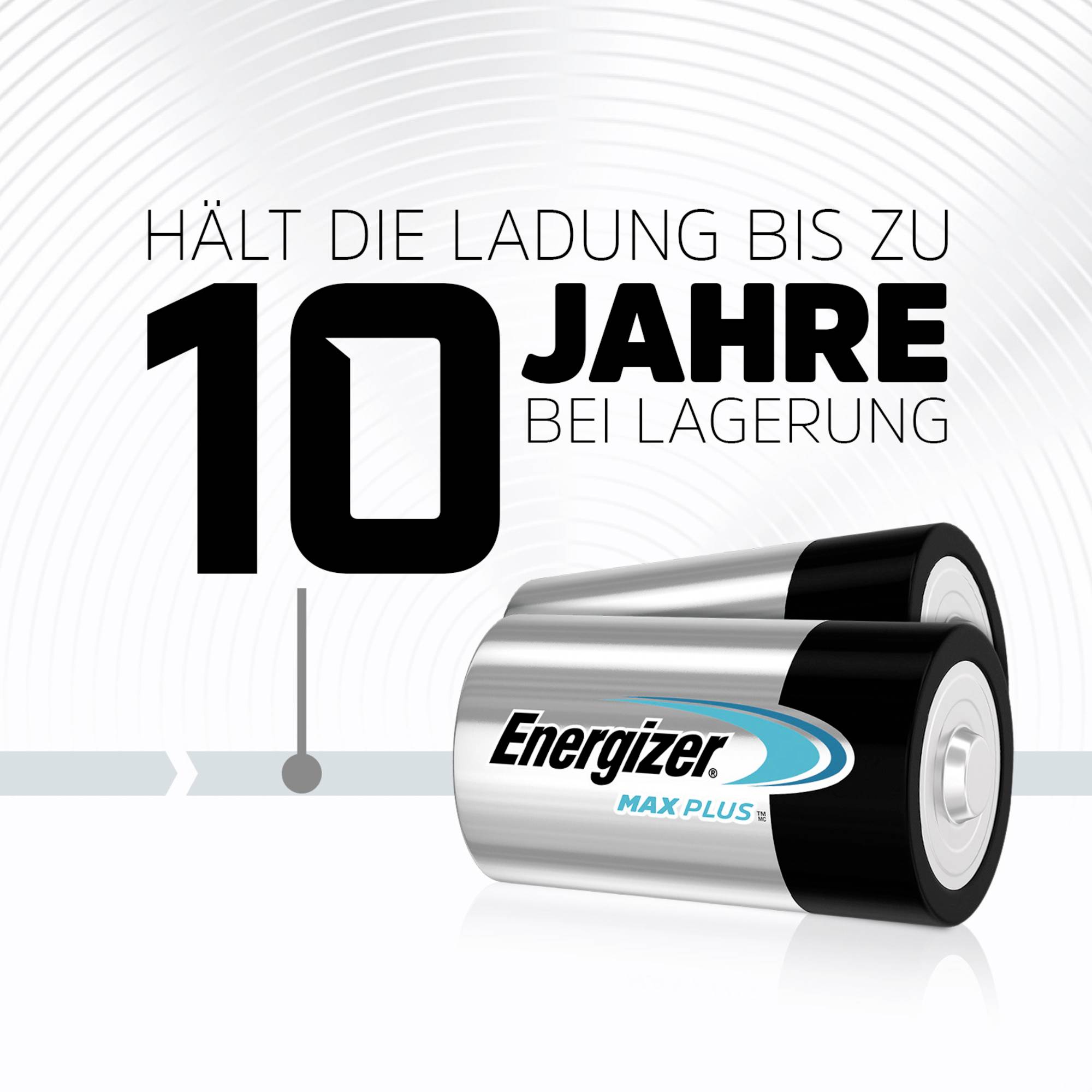 Deux piles portant l'inscription 'Energizer Max Plus'. Le texte indique : 'Conserve sa charge jusqu'à 10 ans lors du stockage'.