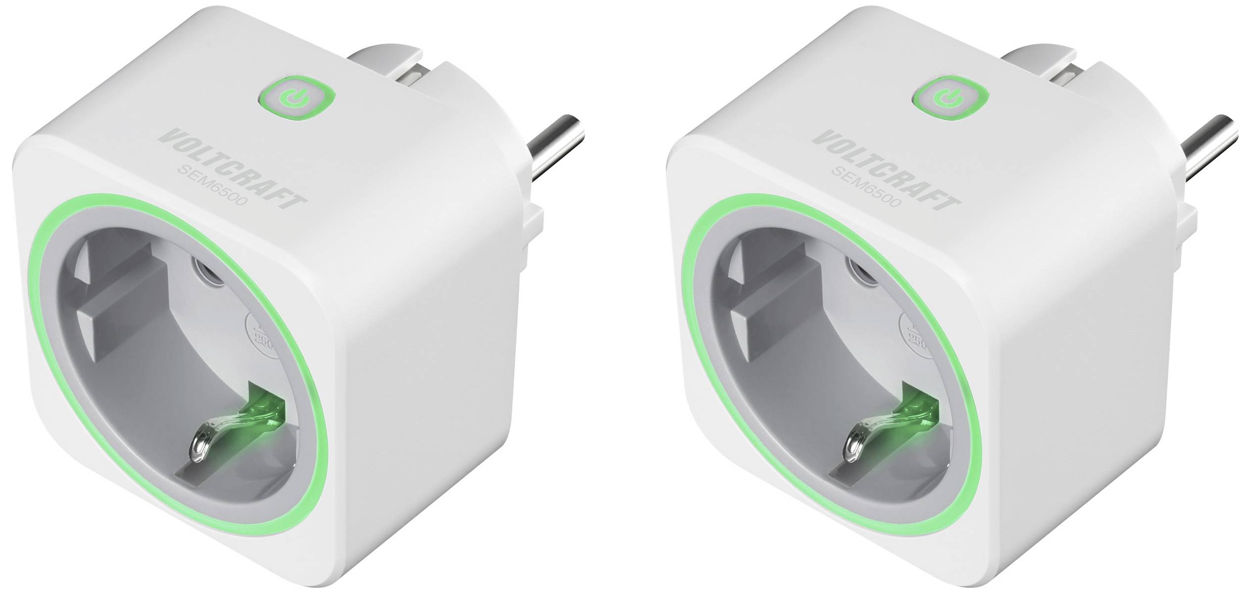 Deux prises intelligentes blanches avec un anneau LED vert et un bouton marche/arrêt en haut. Elles permettent un contrôle intelligent des appareils électriques.