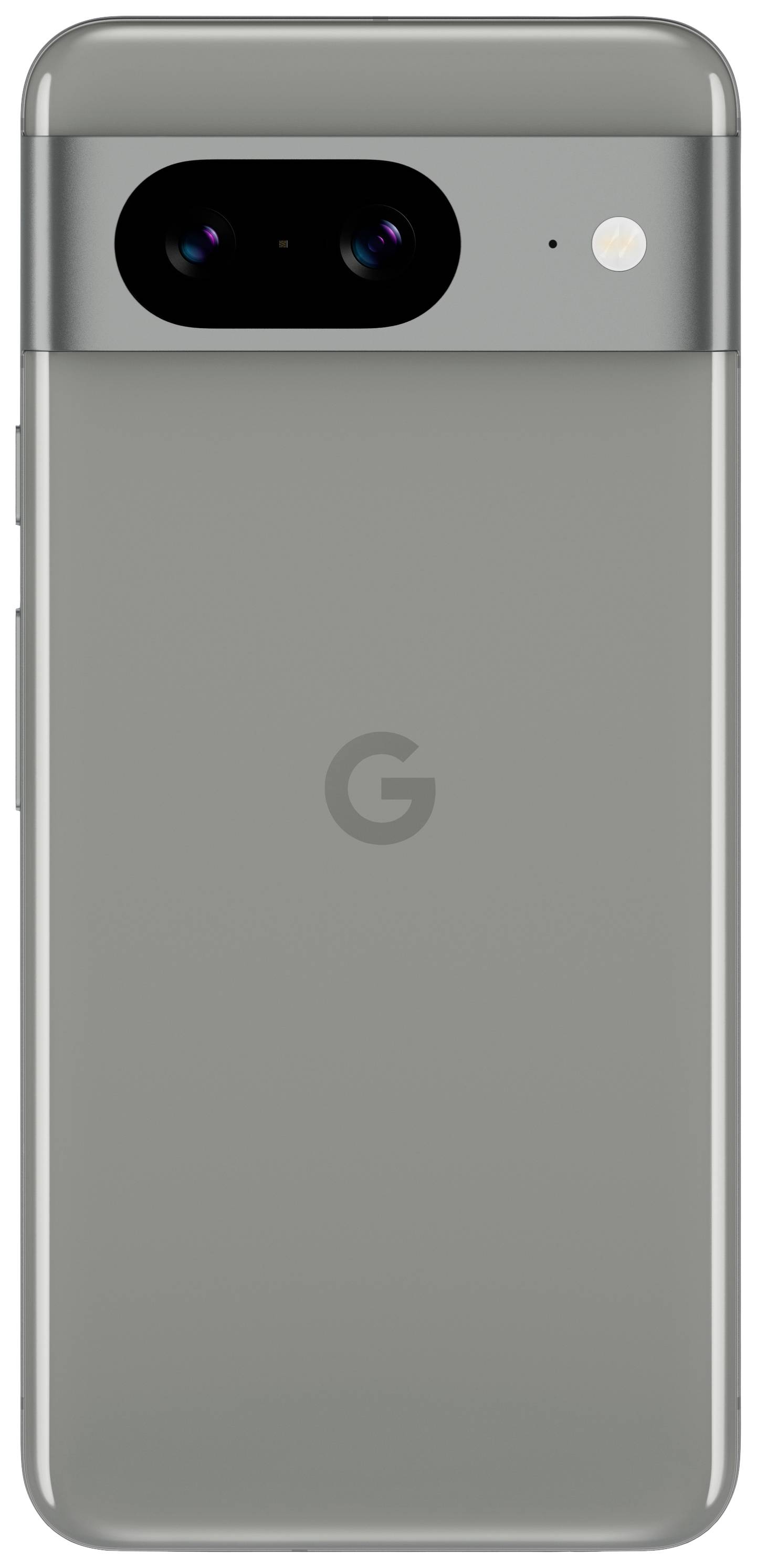 Smartphone gris avec deux objectifs d'appareil photo et un flash à l'arrière, sous lequel se trouve le logo 'G' du fabricant.