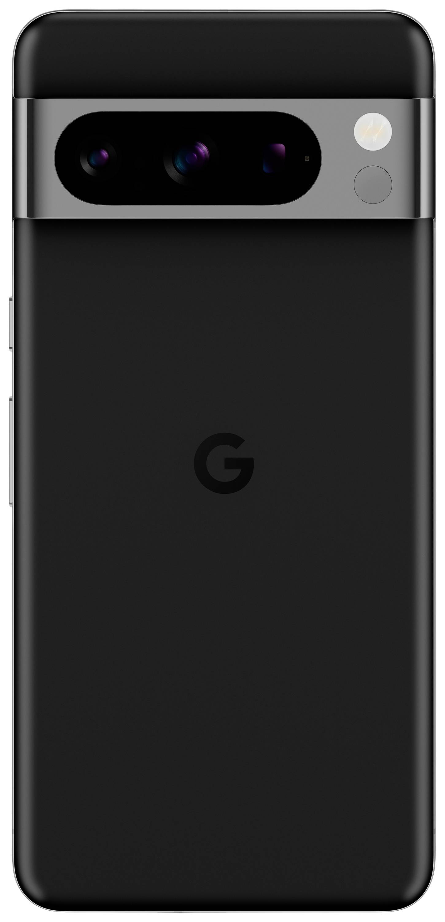 Smartphone noir vu de dos, avec une bande de caméras en haut et un logo 'G' central.