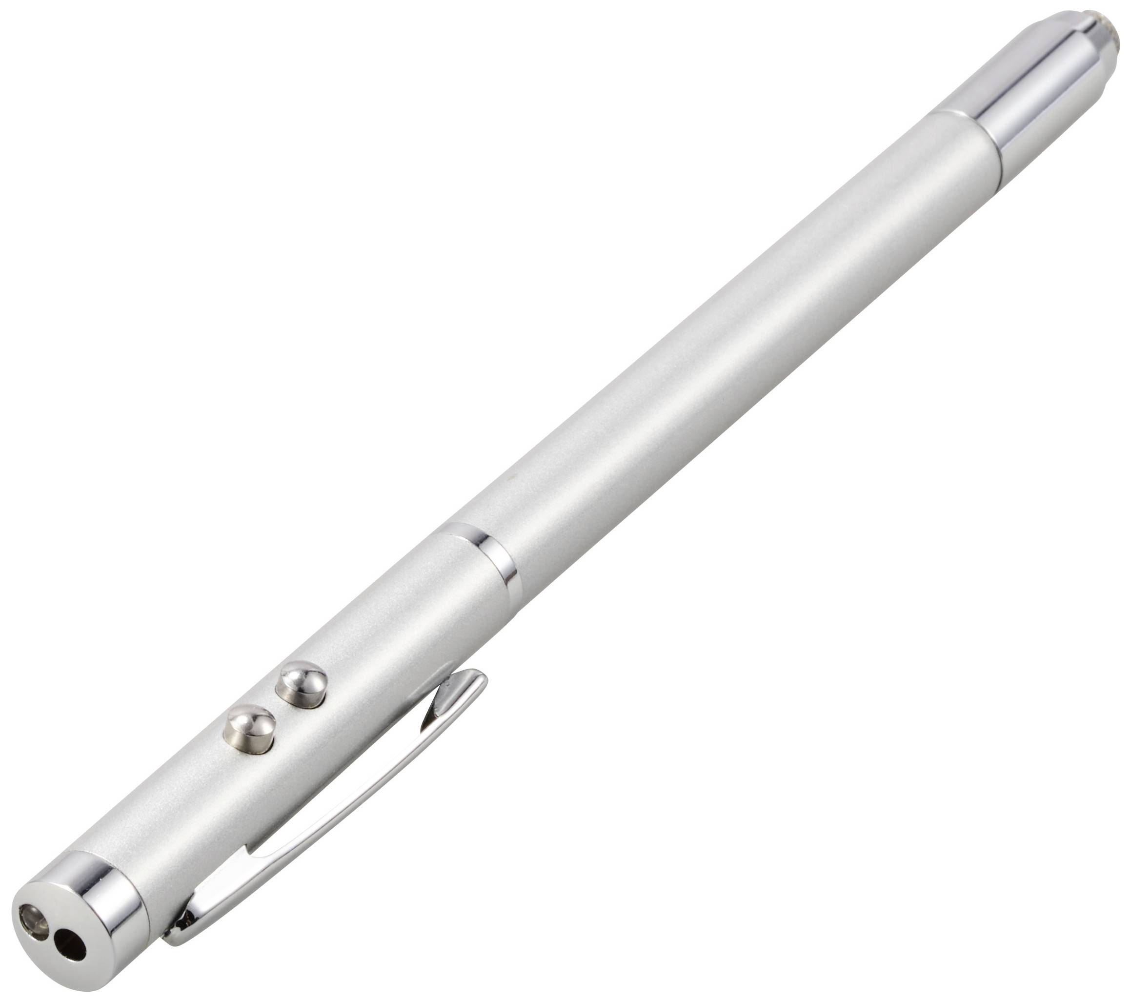 Pointeur laser argenté, allongé avec un clip de poche et deux petits boutons sur le manche ; utilisé pour les présentations ou comme indicateur.