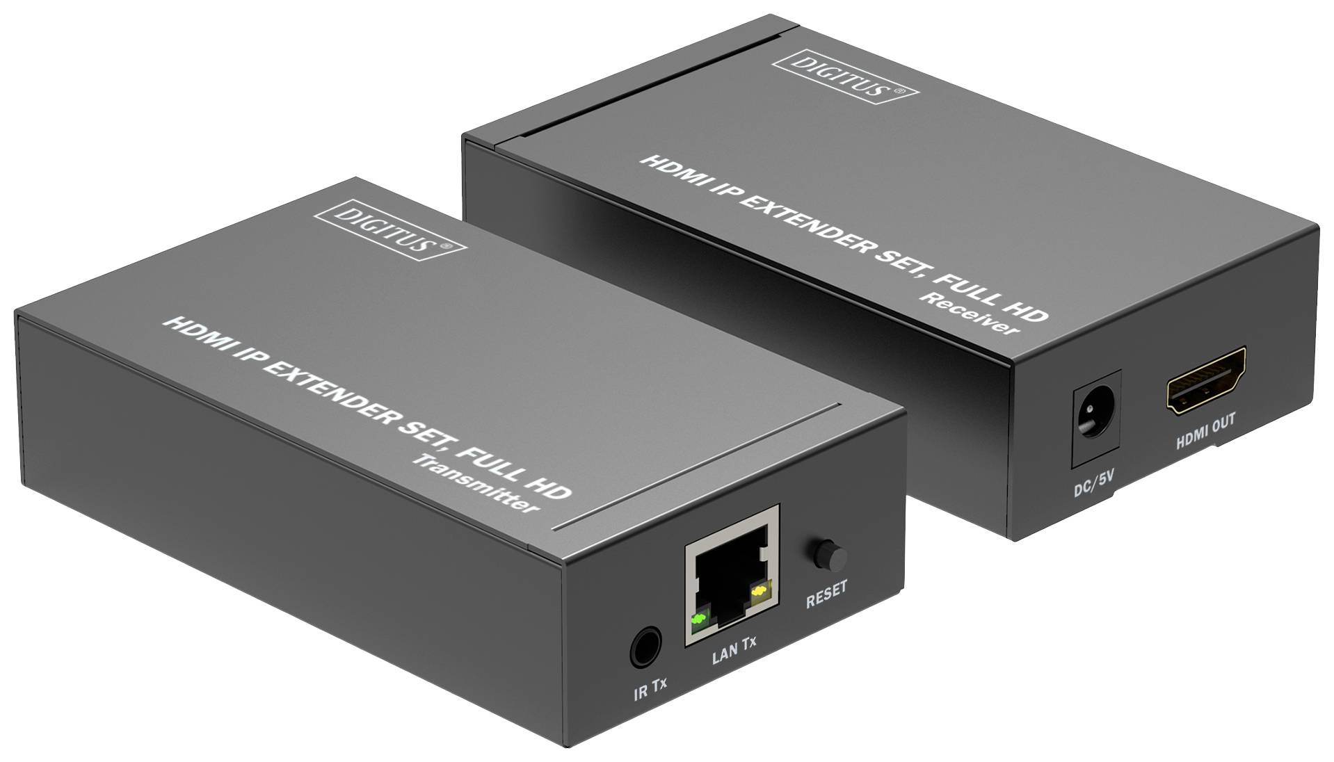 Deux prolongateurs HDMI IP noirs, un émetteur et un récepteur, avec des connexions pour LAN, HDMI et alimentation électrique. Adaptés pour la transmission vidéo Full HD.