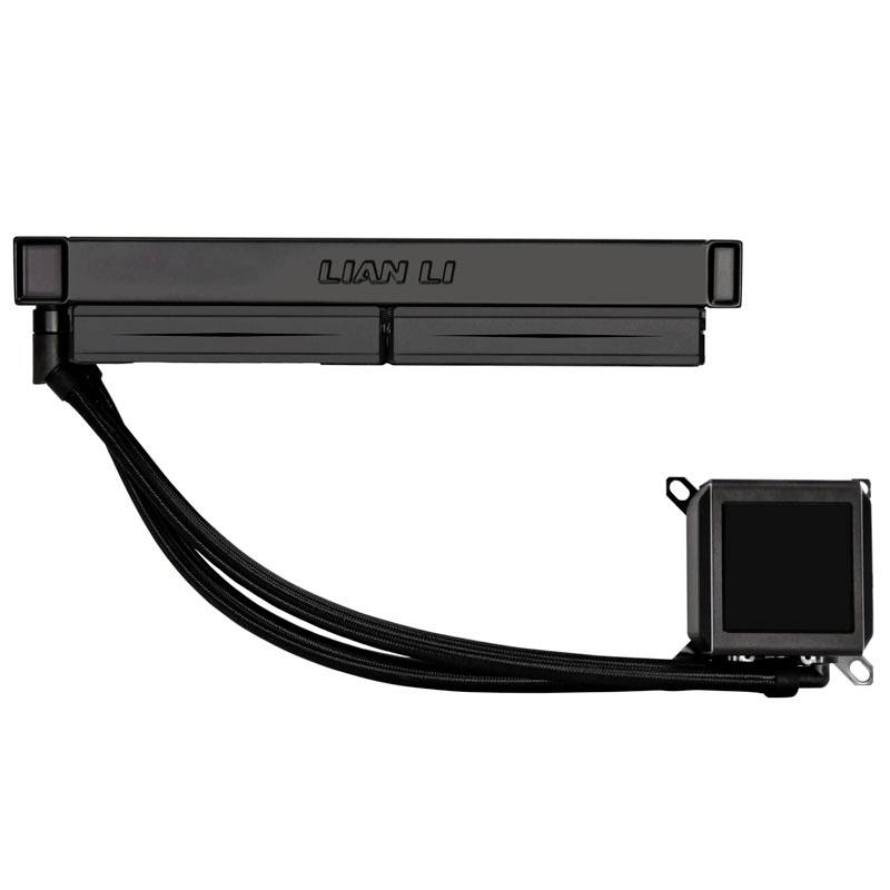 Unité de refroidissement à eau pour CPU noir avec dissipateur thermique carré et deux tubes de ventilateurs. Texte de marque 'LIAN LI' visible.
