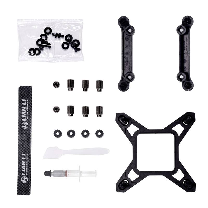 'Kit de montage de radiateur avec vis, supports, seringue de pâte thermique et outils d'installation de Lian Li.'