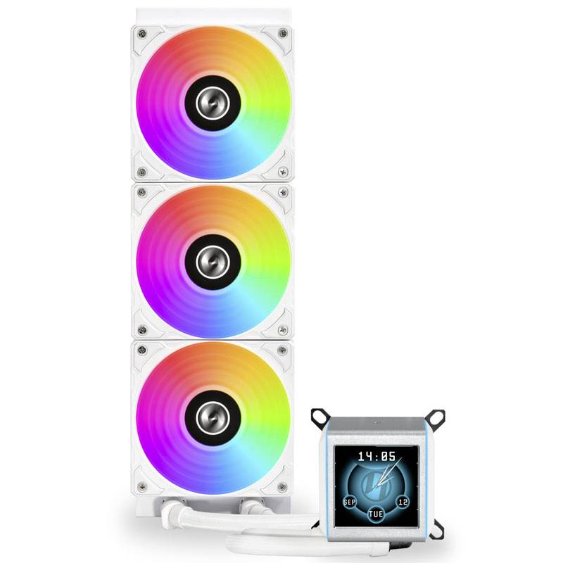 Ventilateur RGB triple pour le refroidissement, connecté à une unité de contrôle avec affichage numérique. Affiche 14:45 et Mardi.