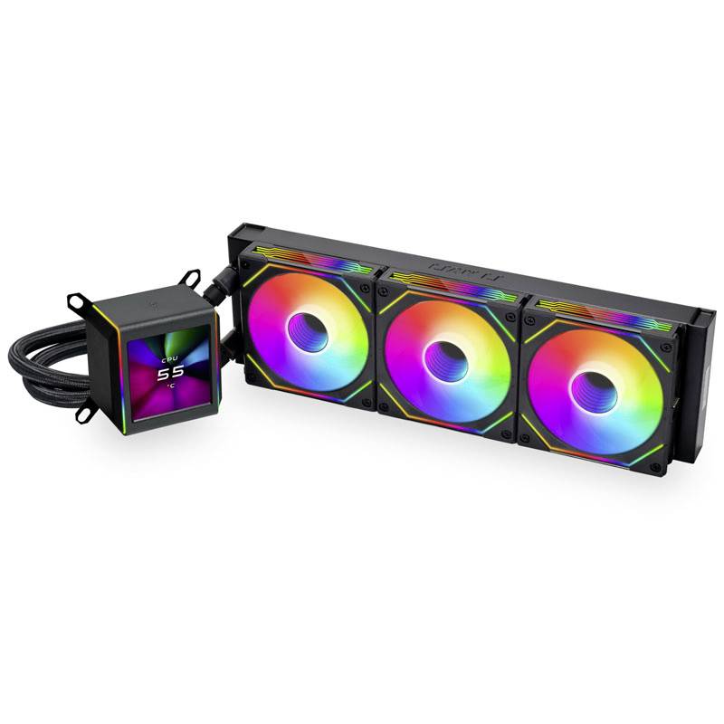 Ventirad CPU RGB avec trois ventilateurs éclairés et un écran numérique sur le dissipateur thermique affichant la température.