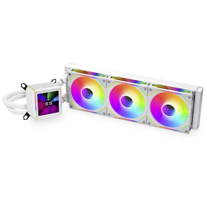 Ventilateur PC triple avec éclairage RVB et affichage numérique indiquant la température. Design blanc, adapté au refroidissement des PC.