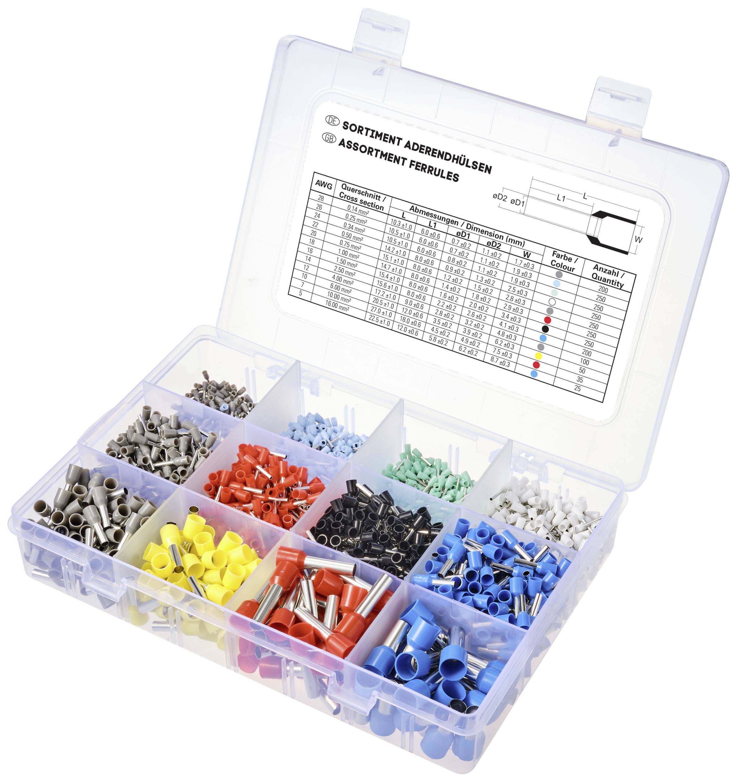 Un coffret de rangement contenant différentes manchons de câble de couleurs, chaque couleur étant rangée dans un compartiment séparé. Un tableau sur le couvercle indique les tailles et spécifications.