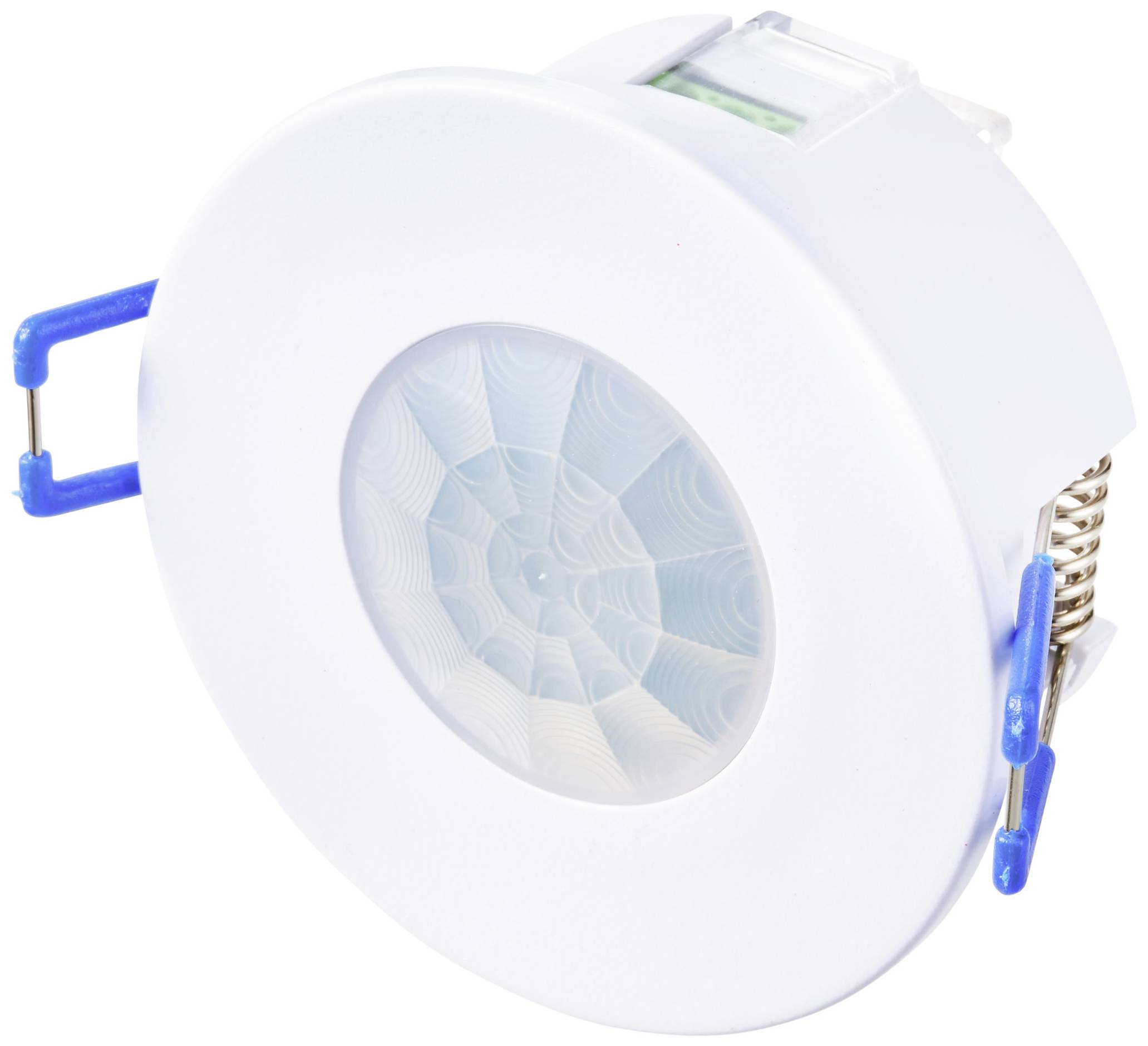 Un capteur de mouvement rond blanc avec des clips à ressort bleus et une lentille structurée pour montage au plafond. Adapté pour les espaces intérieurs.