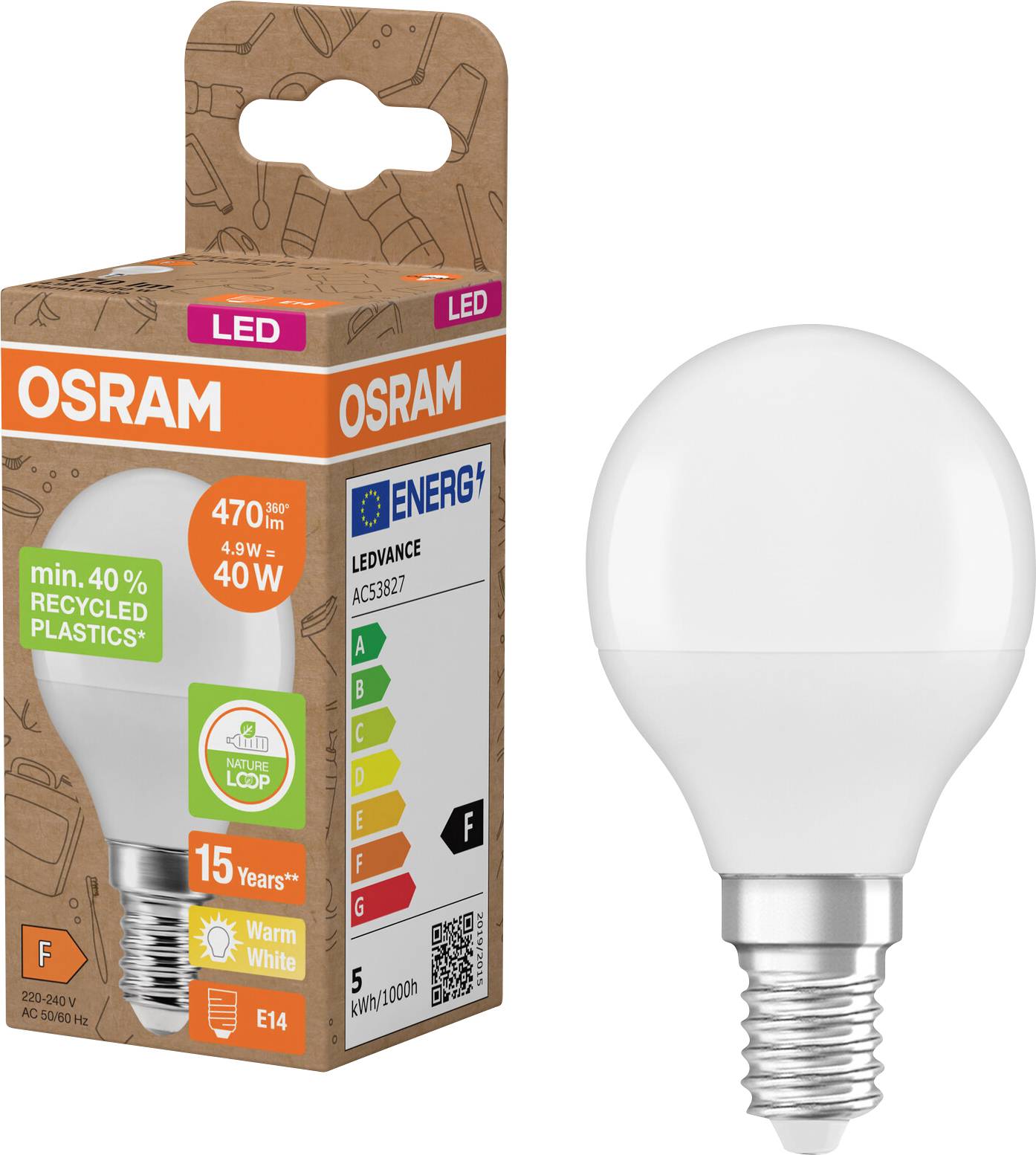 Ampoule LED OSRAM présentée à côté de sa boîte, étiquetée 470 lumens, 4.9W, blanc chaud, culot E14, et 15 ans sur l'emballage.