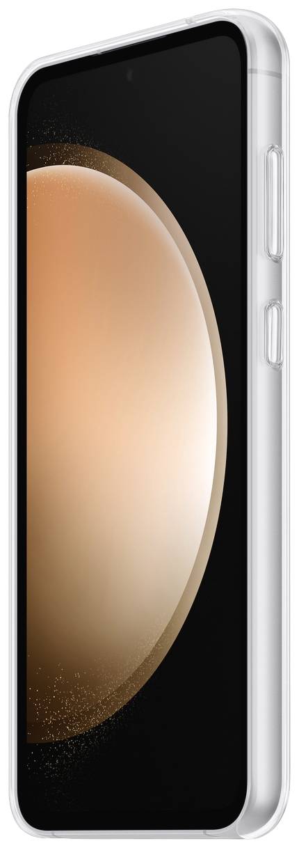 Smartphone vu de côté, de couleur argentée. On peut voir l'écran avec un fond orange et les touches de volume.