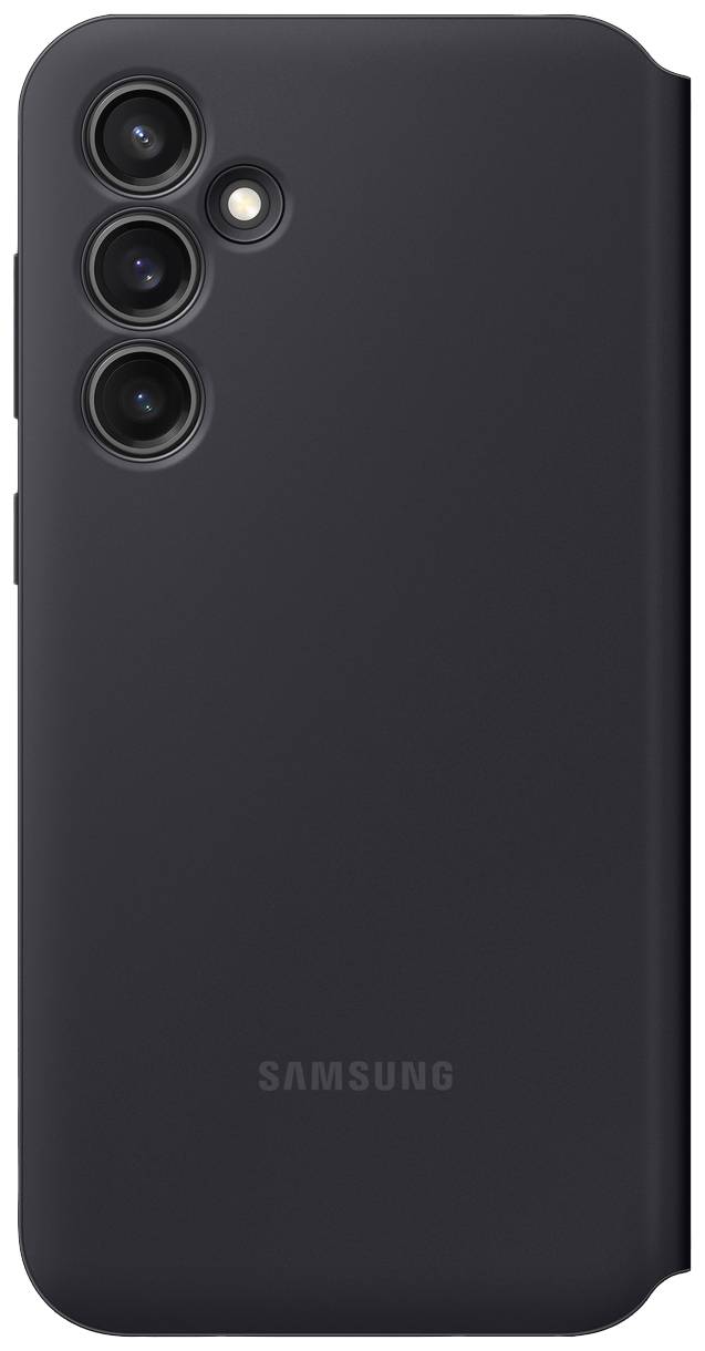 Coque de smartphone en noir avec des découpes pour trois caméras arrière et un flash. Style épuré et minimaliste.