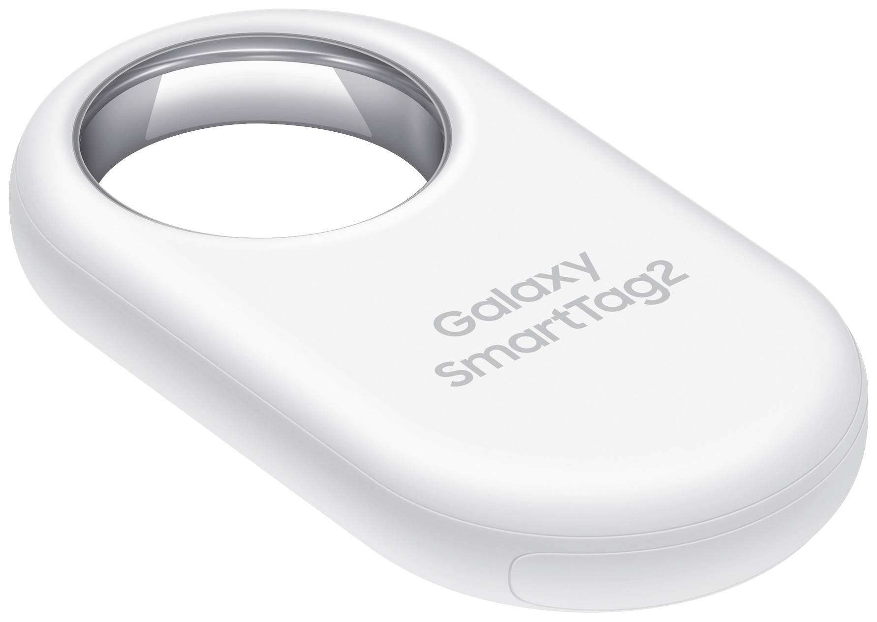 Un Galaxy SmartTag2 blanc, un petit appareil ovale avec une ouverture, sert à suivre des objets.