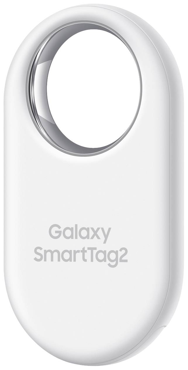 Un Galaxy SmartTag2 blanc, un dispositif ovale avec un trou pour l'attacher, sert à suivre et localiser des objets personnels.