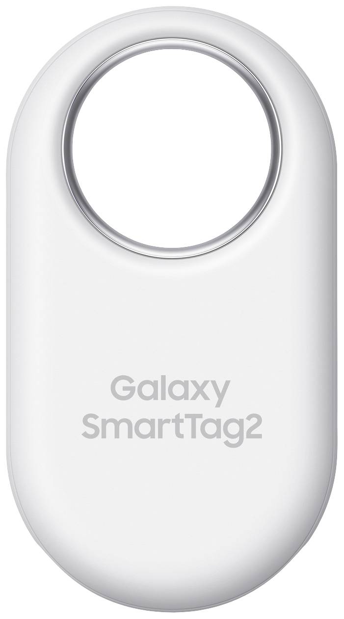 Galaxy SmartTag2 blanc avec un trou rond en haut, pour l'attacher à des clés ou des sacs ; inscription : « Galaxy SmartTag2 ».