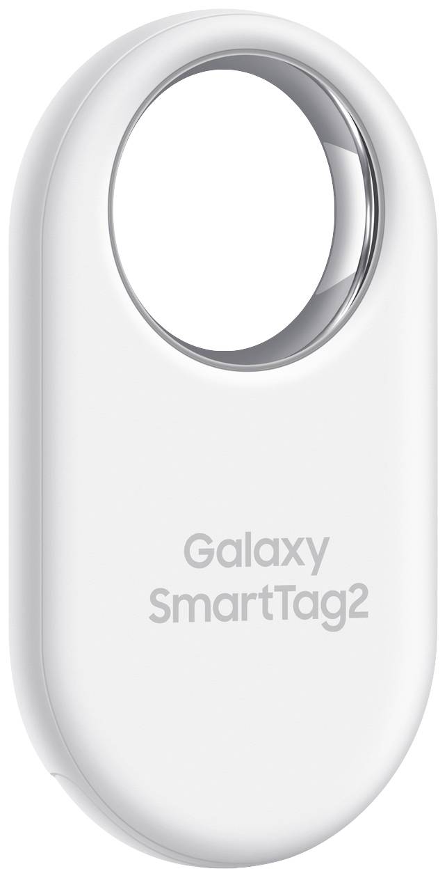 Tracker ovale blanc avec un trou en haut, étiqueté 'Galaxy SmartTag2', utilisé pour localiser des objets via Bluetooth.