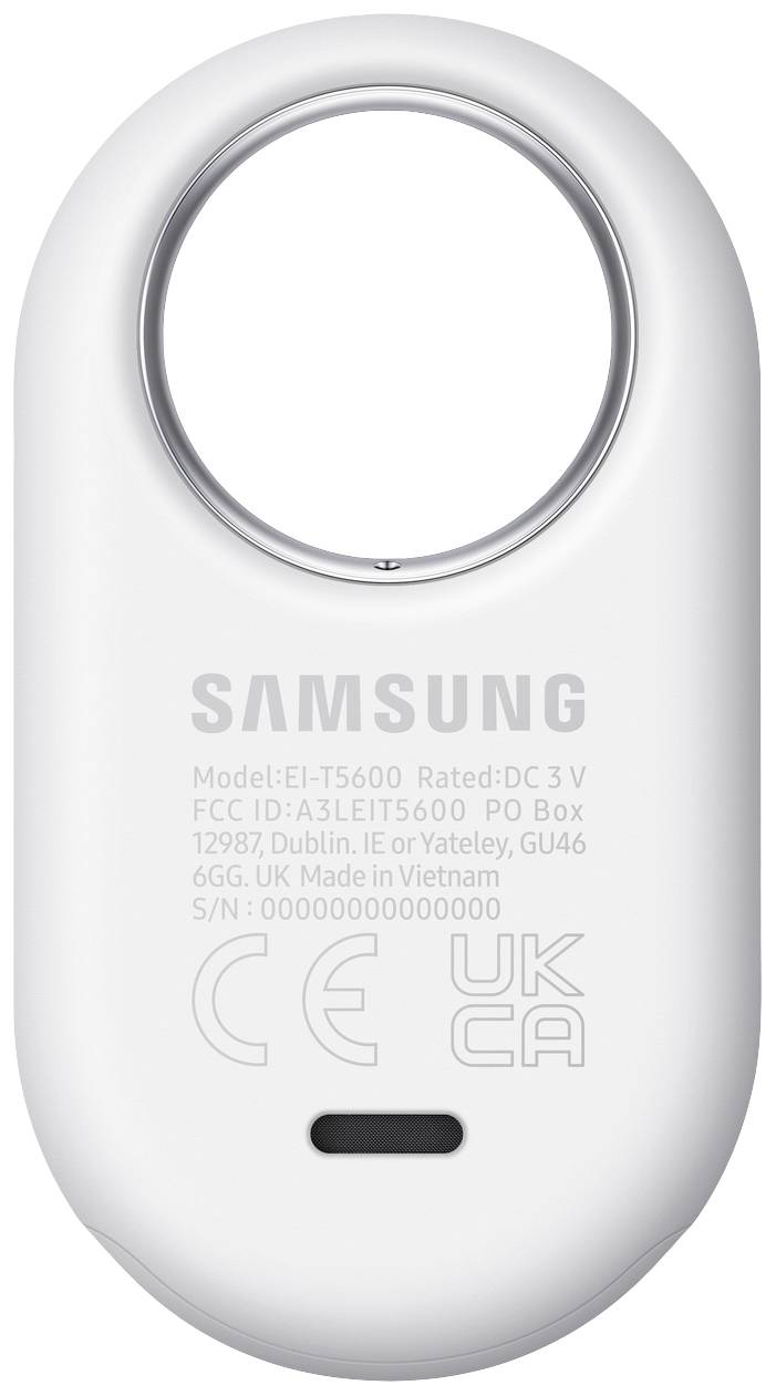 Un appareil électronique blanc et ovale avec un anneau métallique en haut. Portant l'inscription 'SAMSUNG' et des détails techniques.