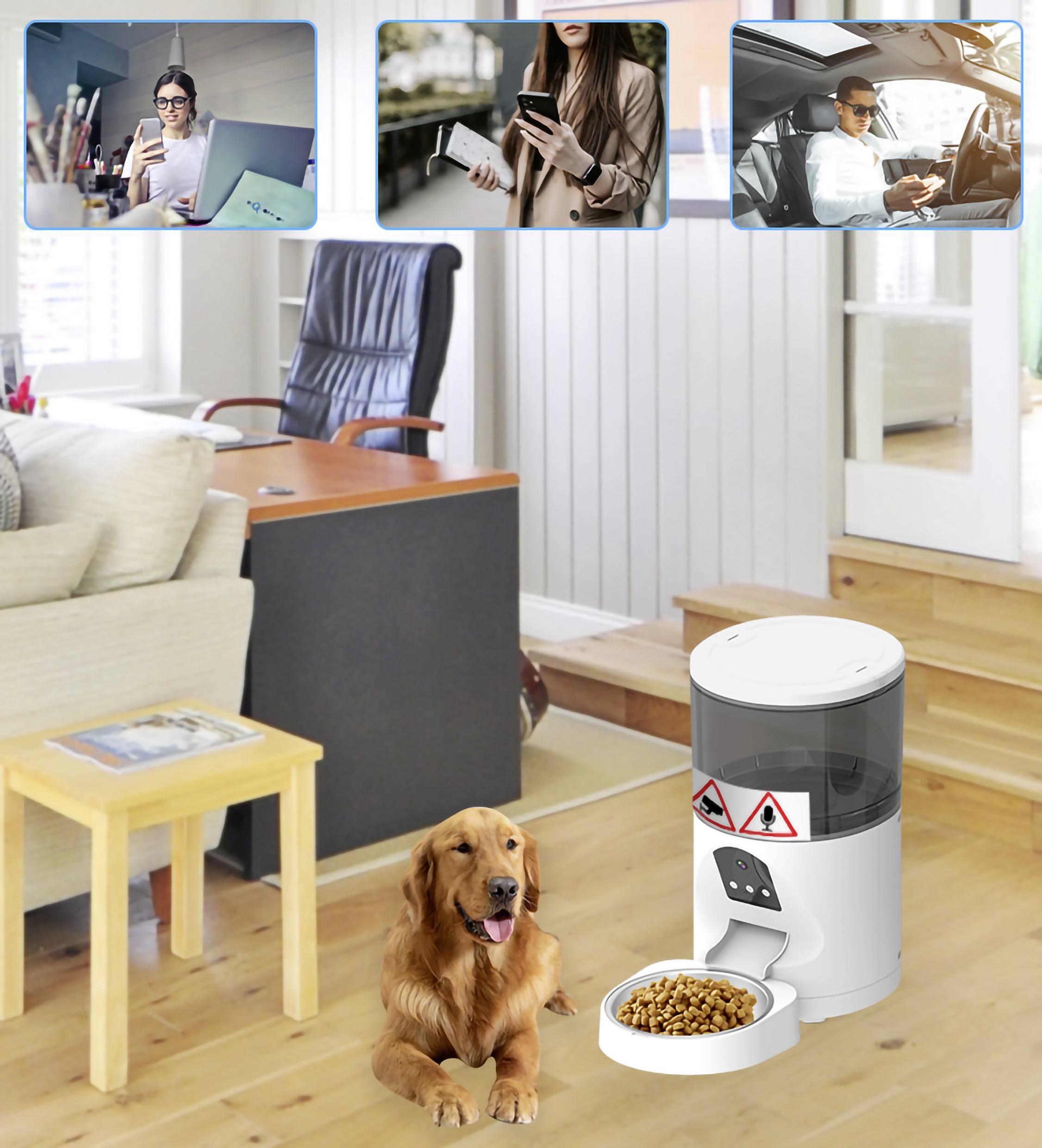 Un chien est assis à côté d'un distributeur automatique de nourriture dans un salon. Trois images insérées montrent des personnes connectées via leur smartphone.